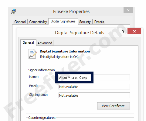 Screenshot of the AlcorMicro, Corp. certificate